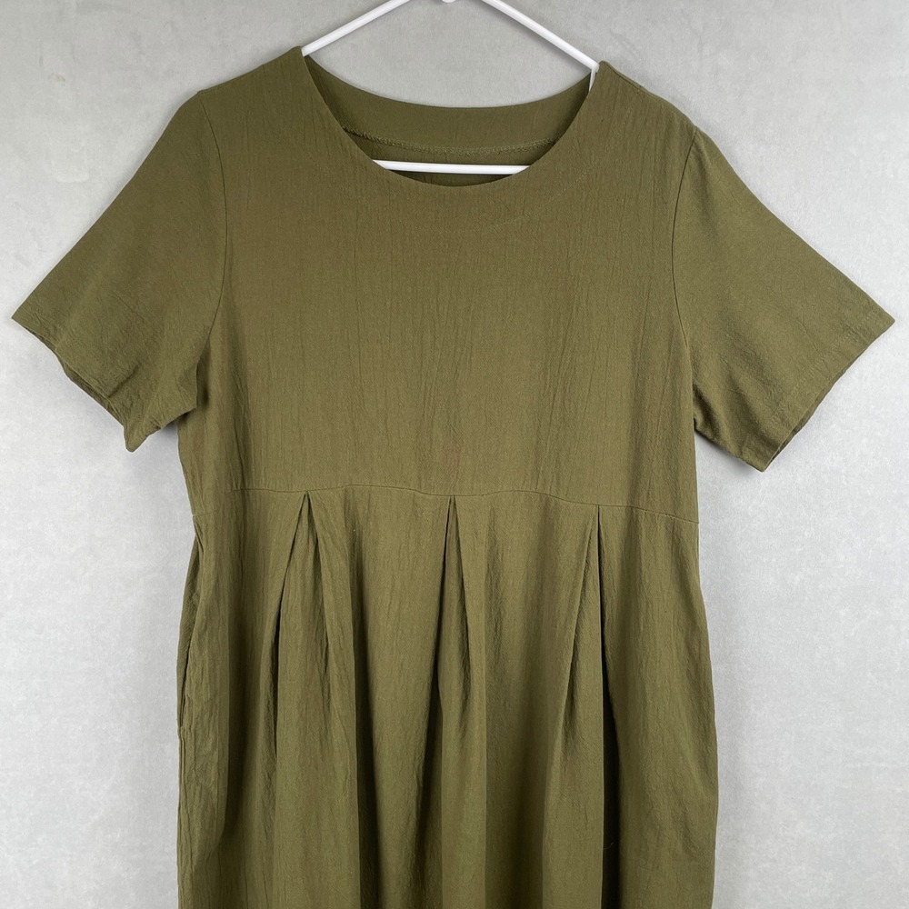 Olive Green Empire Waist Pleated Peasant Cottage Midi Dress Pockets S/S Lagen M - Picture 2 of 7